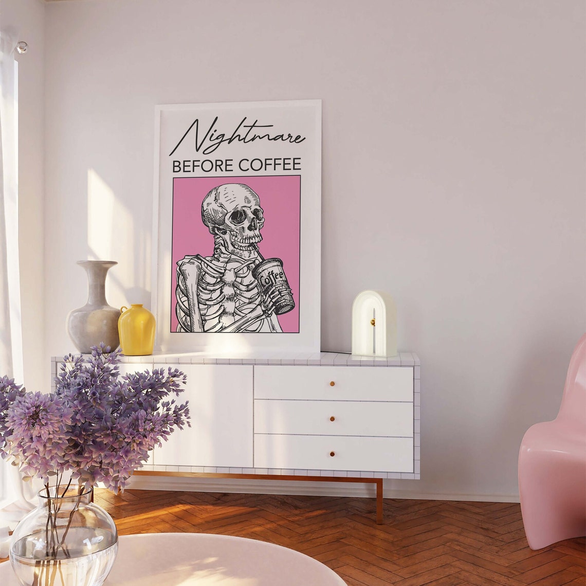 Nightmare Before Coffee Funny Skeleton Pink Halloween Coffee Poster - Image 7