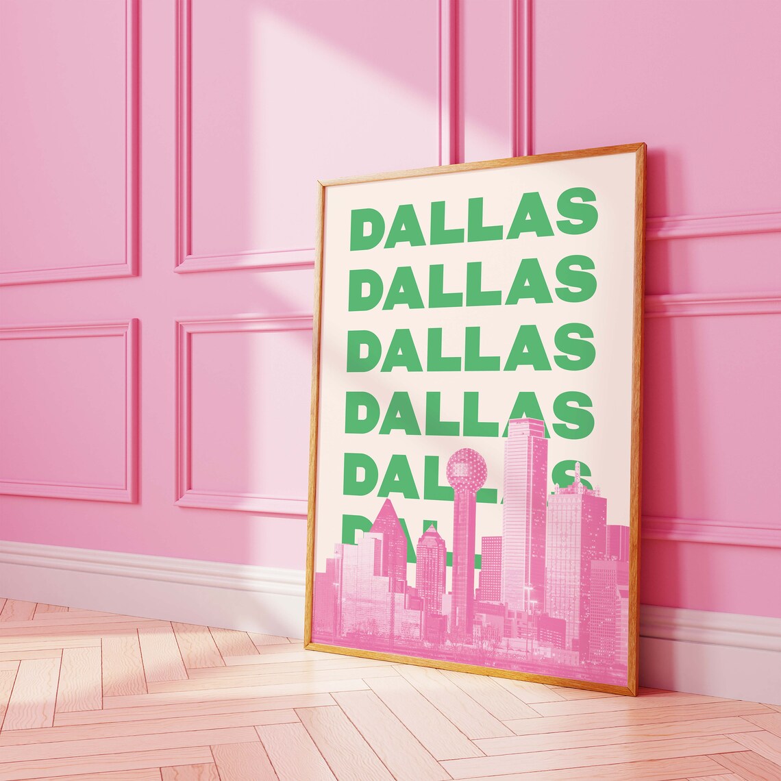 Dallas Texas Pink Skyline Green Lettering Art Poster for City Decor - Image 3
