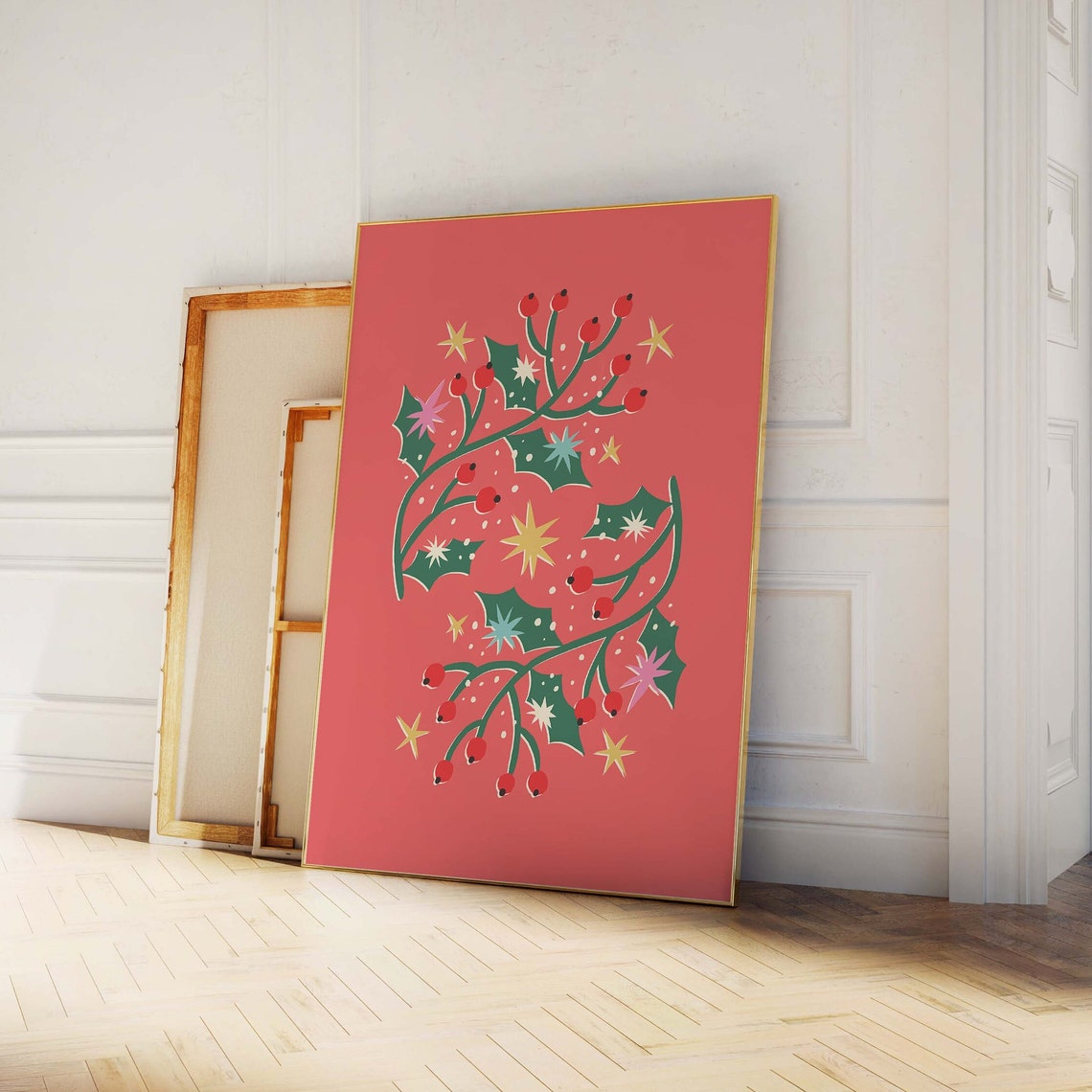 Red Holly Branch with Berries Retro Christmas Botanical Poster - Image 4