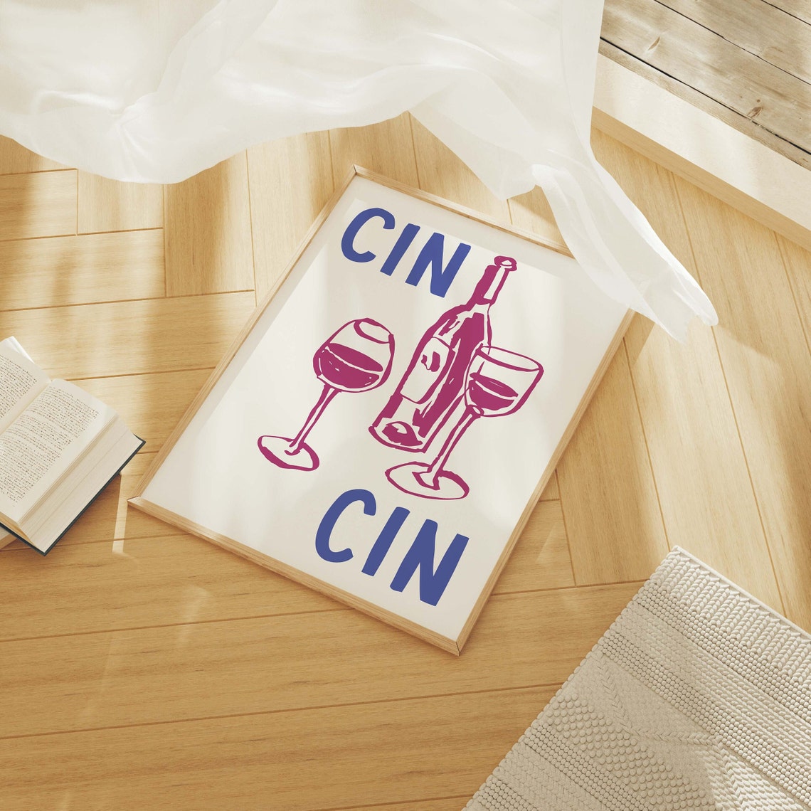 Cin Cin Toast Blue and Purple Wine Glasses Kitchen Party Poster - Image 2