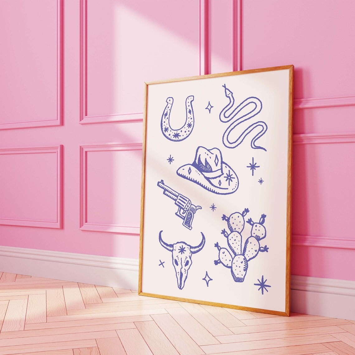 Blue Western Icons Horseshoe Cowboy Hat Bull Skull Doodle Wall Print - Image 3