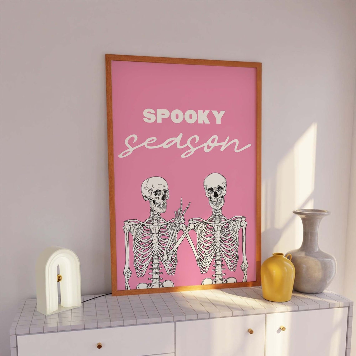 Spooky Season Skeleton Print Art Cute Pink Halloween Wall Decor Trendy Halloween Wall Art - Image 5