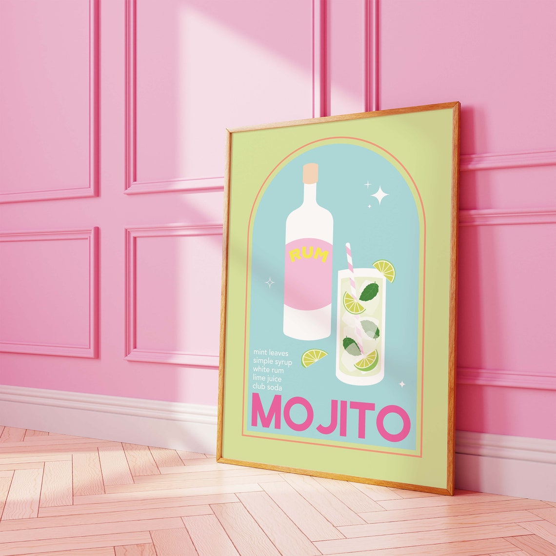 Mojito Cocktail Print Art Cute Pink Green Mojito Cocktail Bar Art Kitchen Wall Art - Image 2