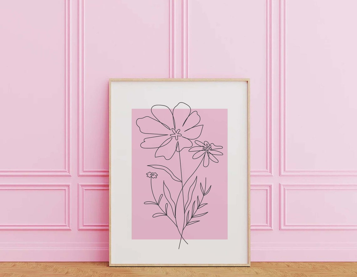 Pink Wildflower Line Art Black Minimalist Botanical Wall Poster - Image 3