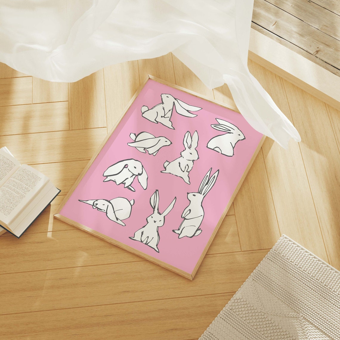 Bunny Sketches Pink Background Minimal Ink Rabbit Art Poster - Image 4