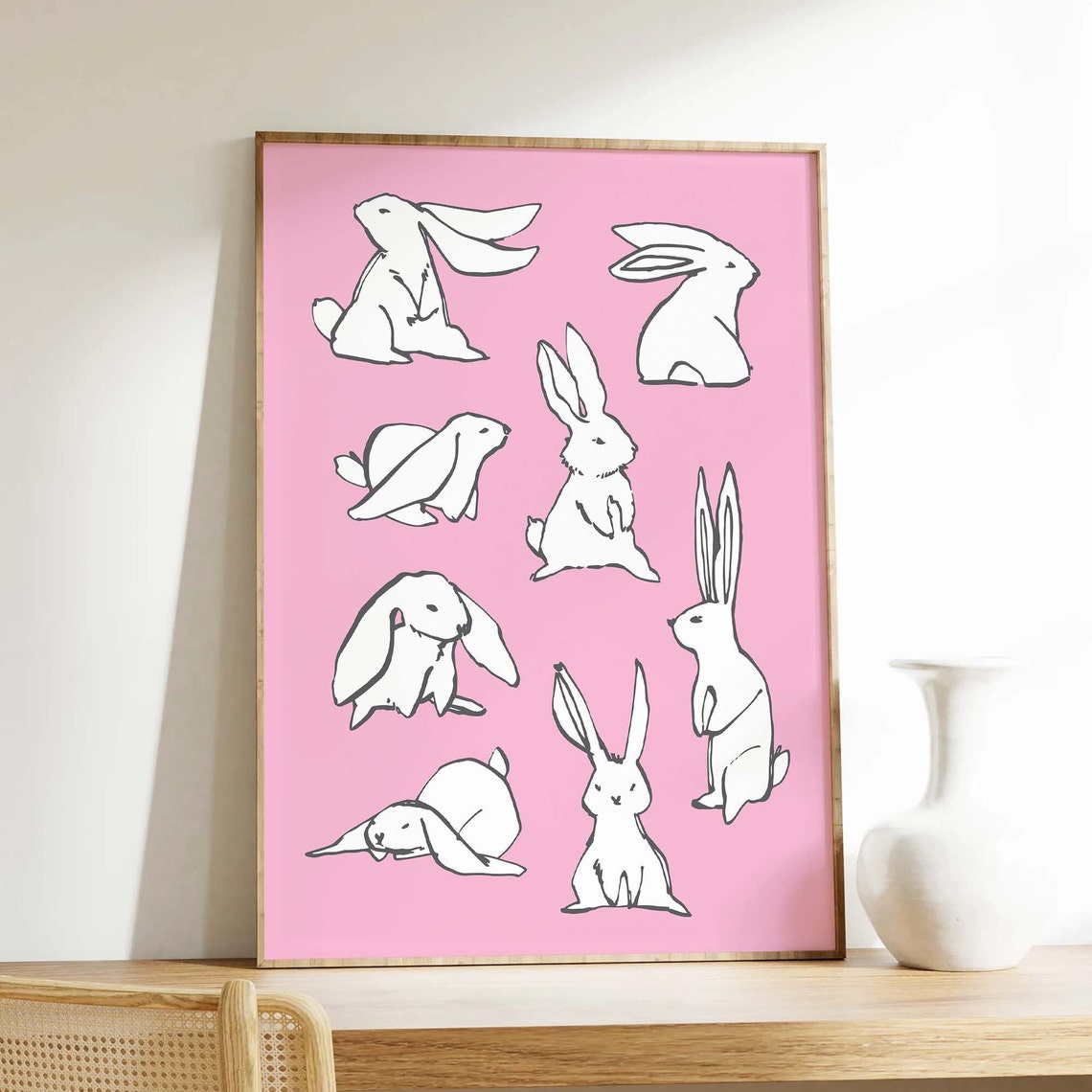 Bunnies Sketch Print Art Cute Rabbit Art Print Pink Wall Art Trendy Easter Decor Nursery Decor