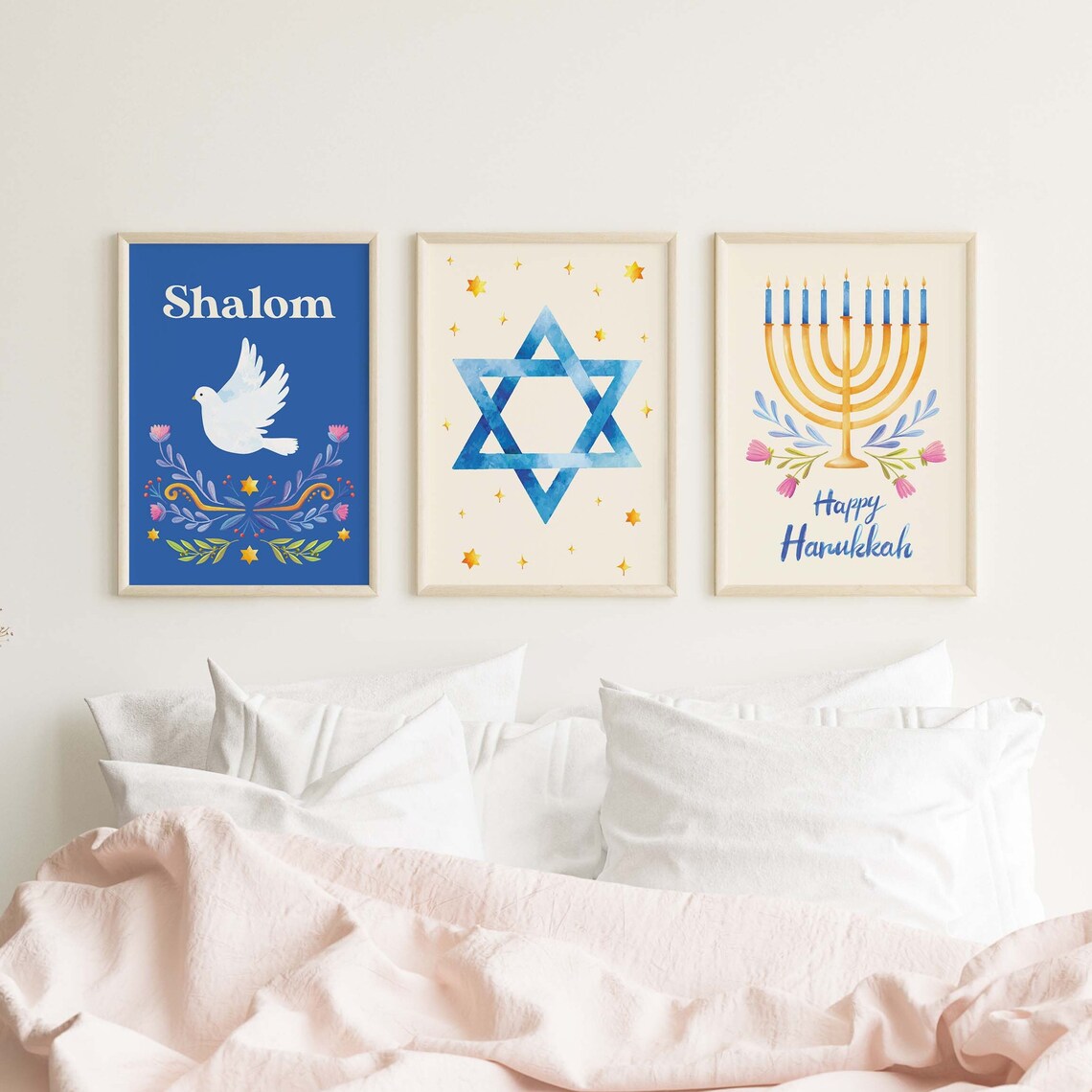 Hanukkah Gallery Wall Set 8 Blue Jewish Holiday Poster Collection - Image 3