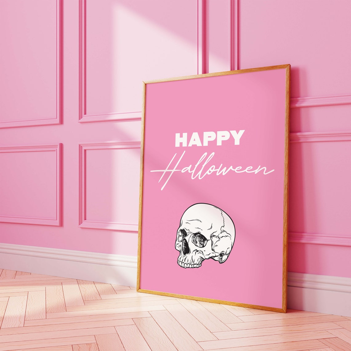 Happy Halloween Skull Script Lettering Pink Gothic Style Wall Art - Image 4