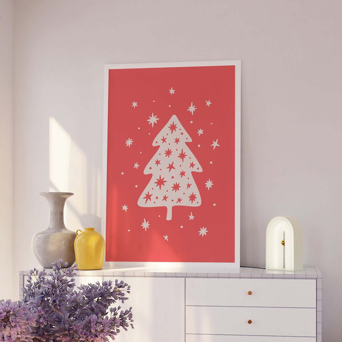White Christmas Tree Coral Red Cute Starry Retro Holiday Poster - Image 2