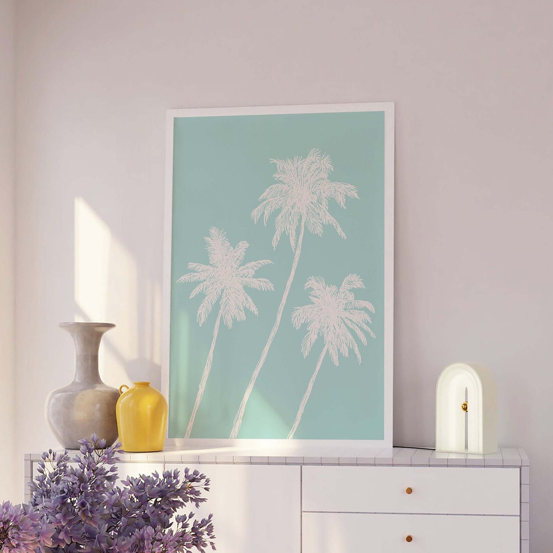 Mint Palm Trees White Line Sketch Tropical Summer Beach Poster - Image 3