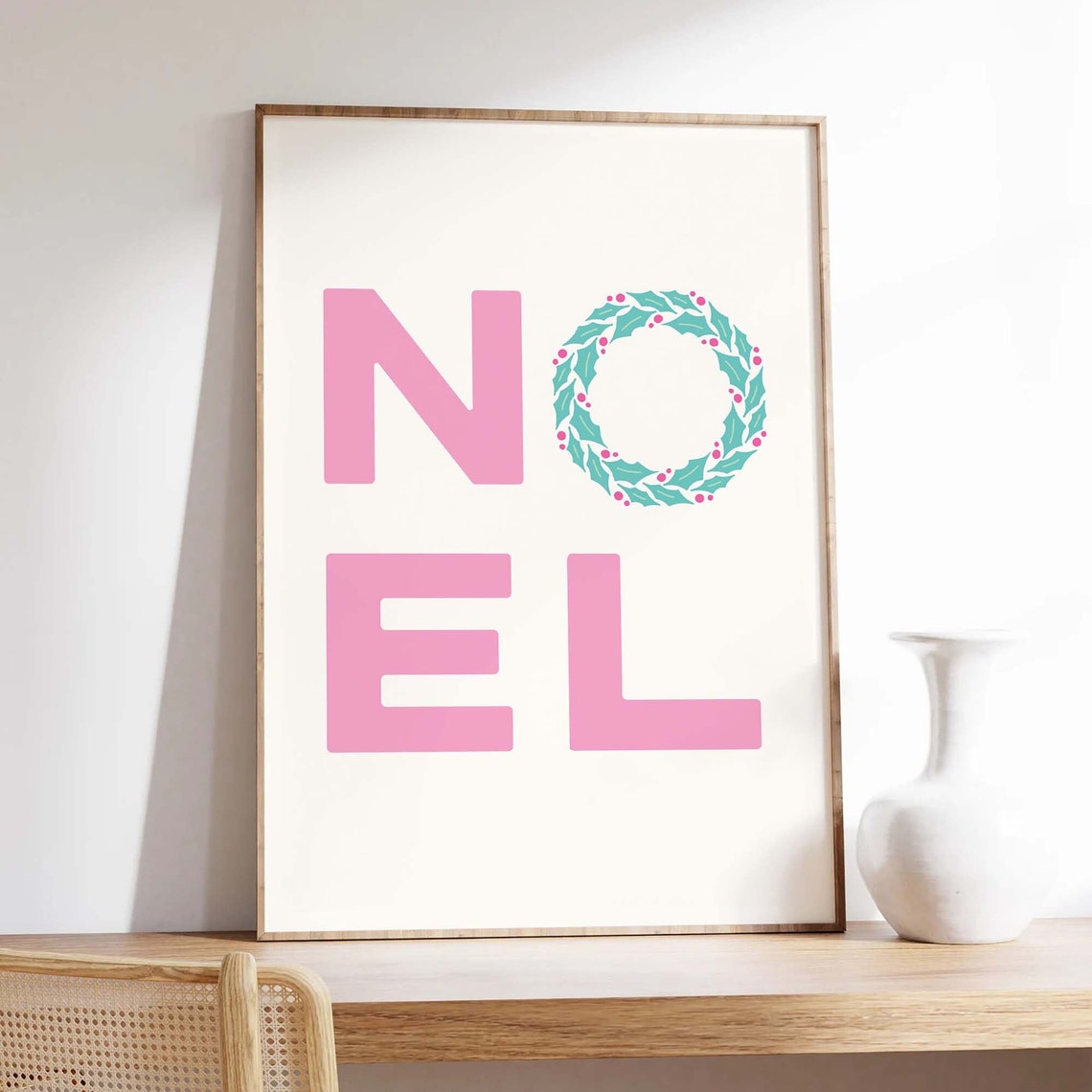 Noel Pink Typography Holly Wreath Letter O Christmas Word Wall Print - Image 3
