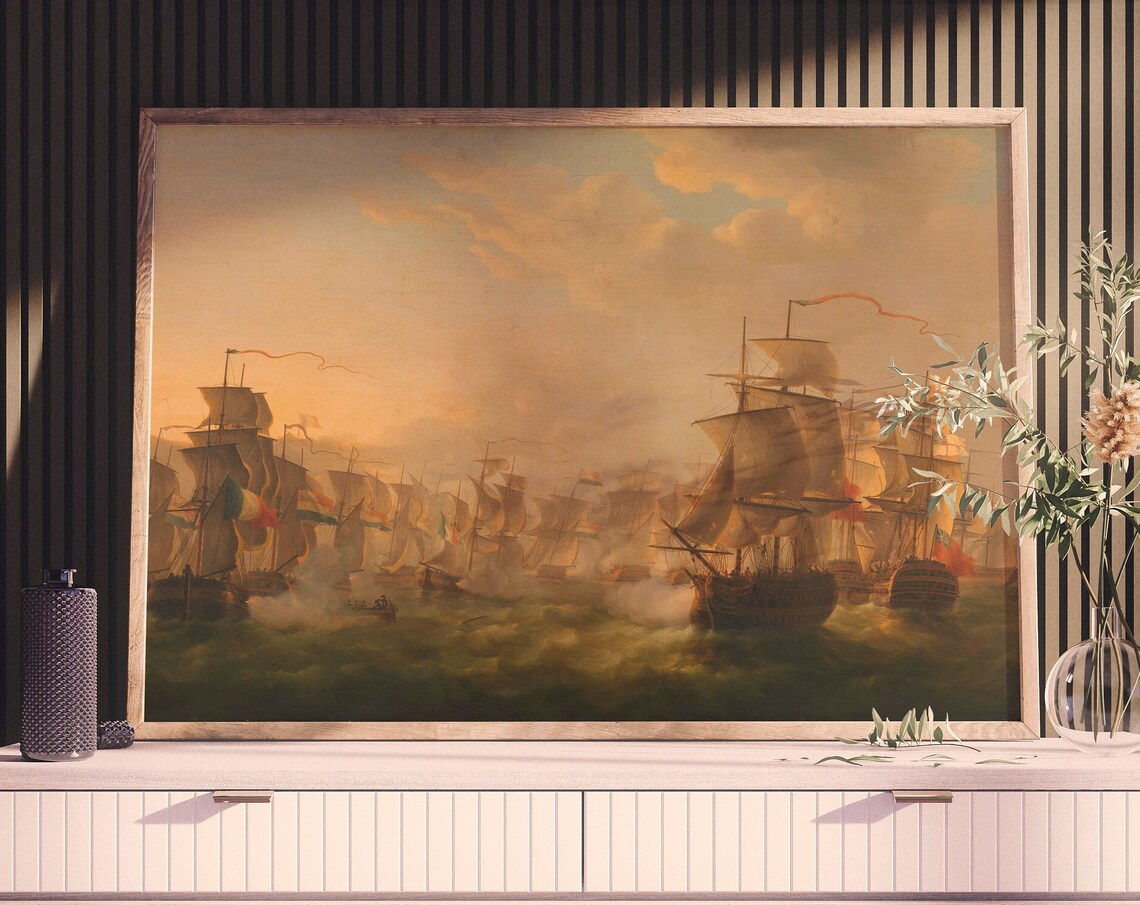 Tall Ship Naval Sea Battle 19th Century Antique Oil Painting Poster
