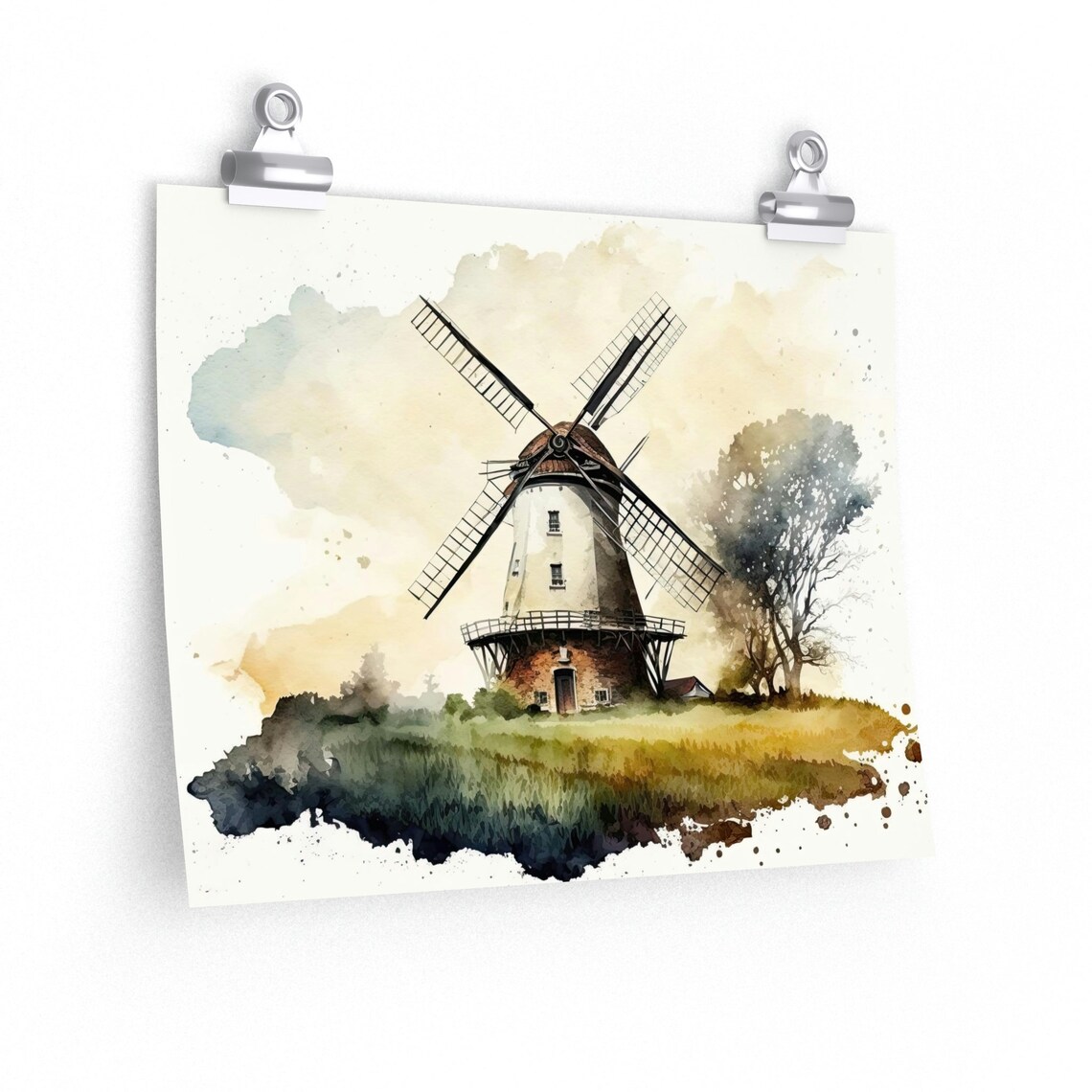 Dutch Windmill in a Green Field Watercolor Countryside Poster - Image 2
