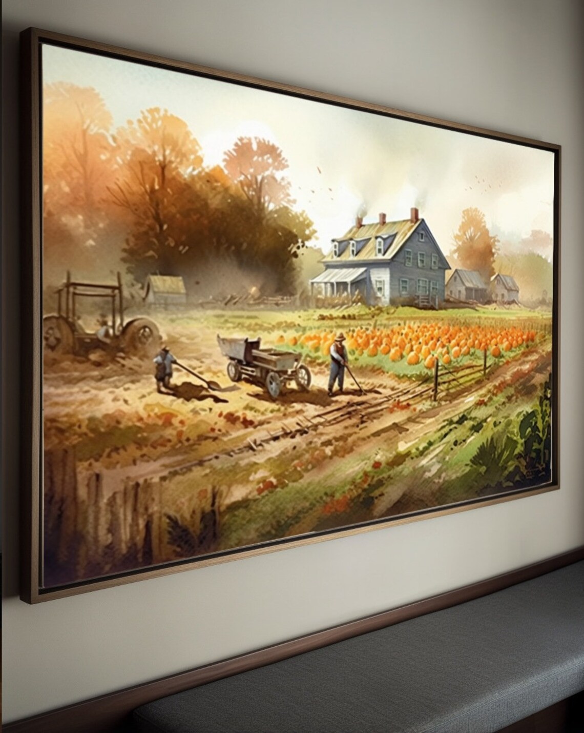 Farmers Harvesting Pumpkins at a Country Farmhouse Vintage Art Poster - Image 3