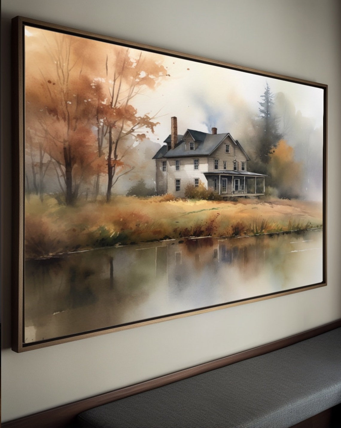 Farmhouse by a Still Lake in Autumn Watercolor Landscape Poster - Image 2
