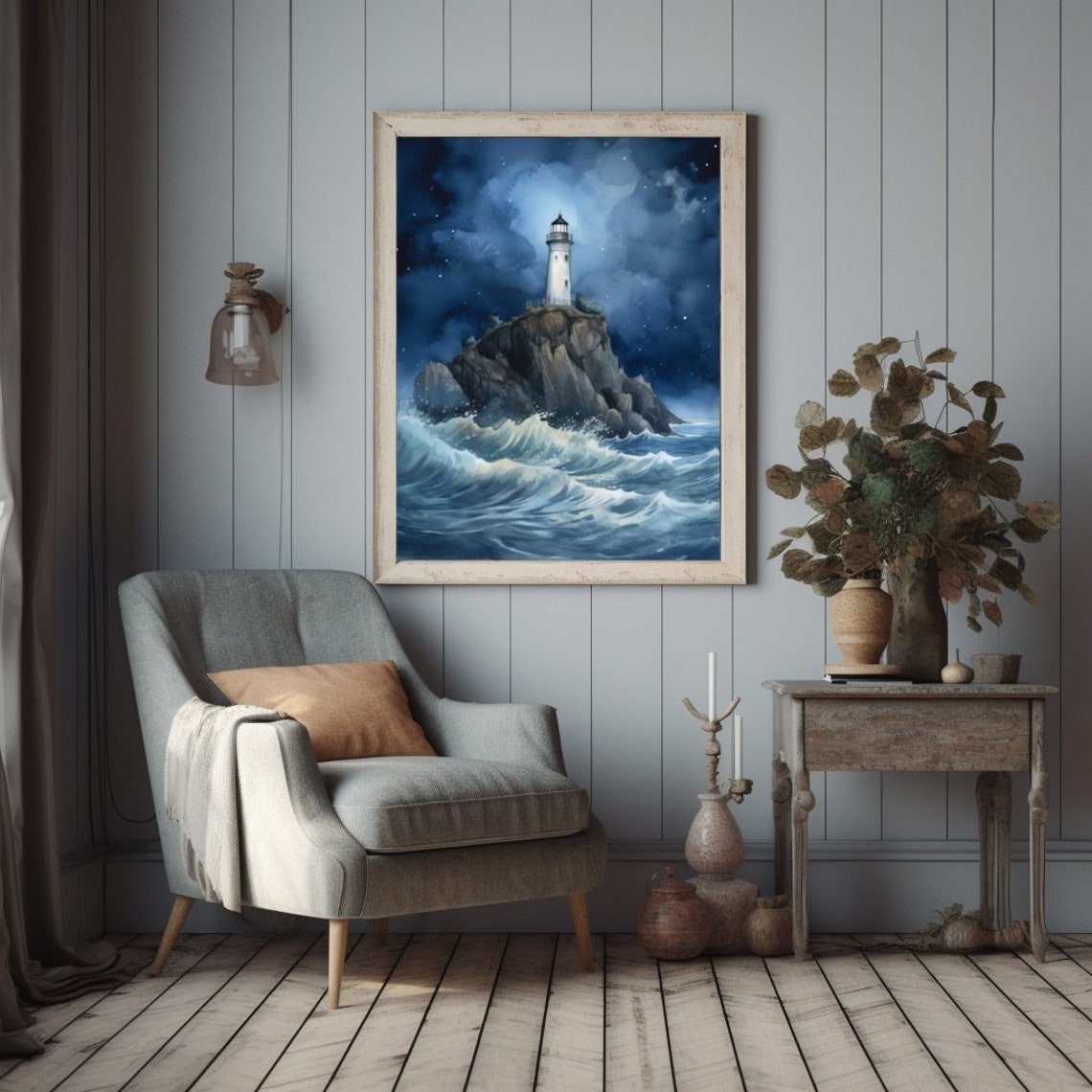 White Lighthouse on a Cliff at Night Over Crashing Ocean Waves Poster - Image 2