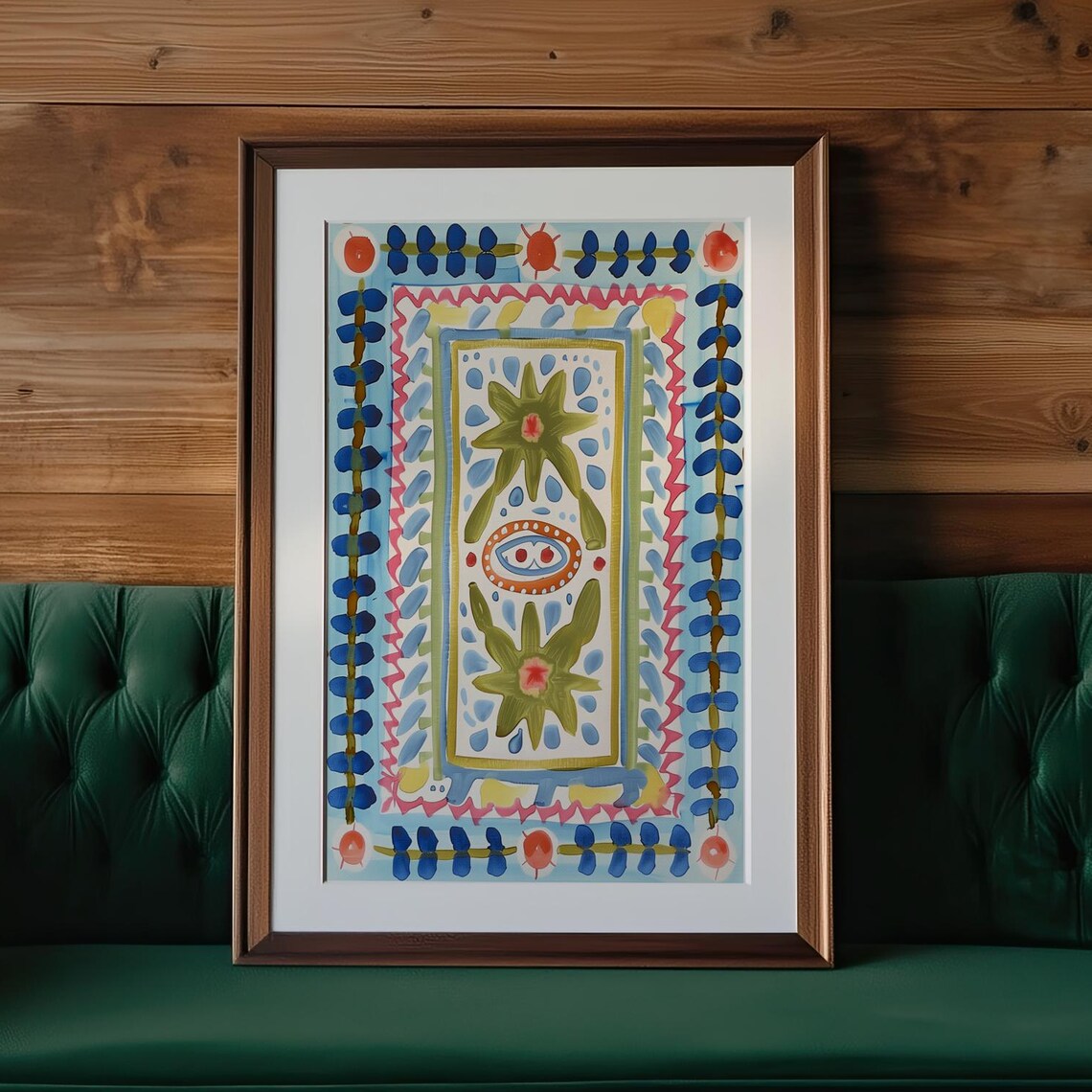 Vibrant Folk Art Abstract Floral Evil Eye Watercolor Wall Art