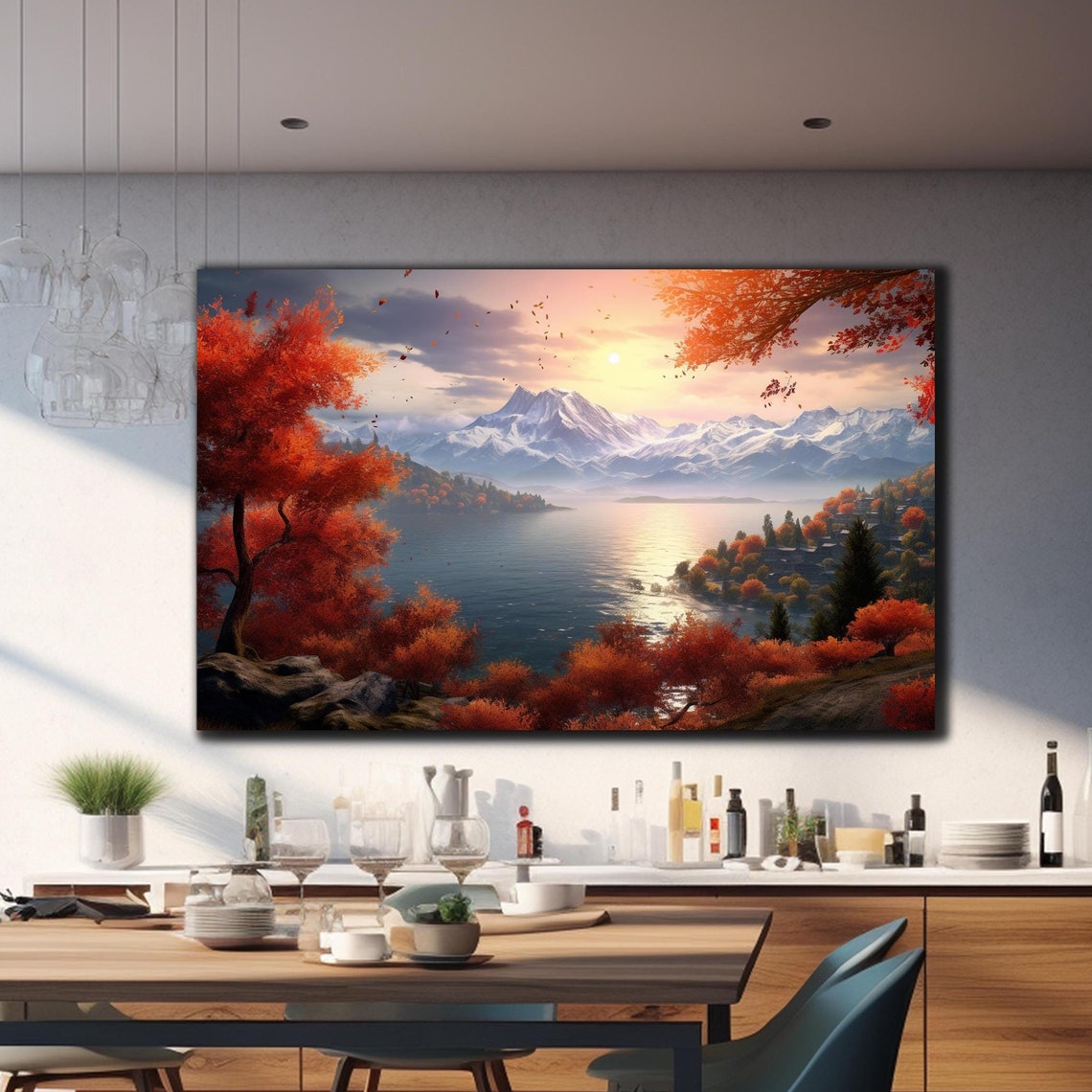 Snowy Mountain Lake Sunrise Red Autumn Trees Golden Morning Poster