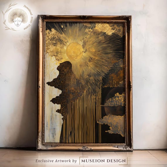 Golden Sun Radiant Rays Black Gold Celestial Abstract Night Poster