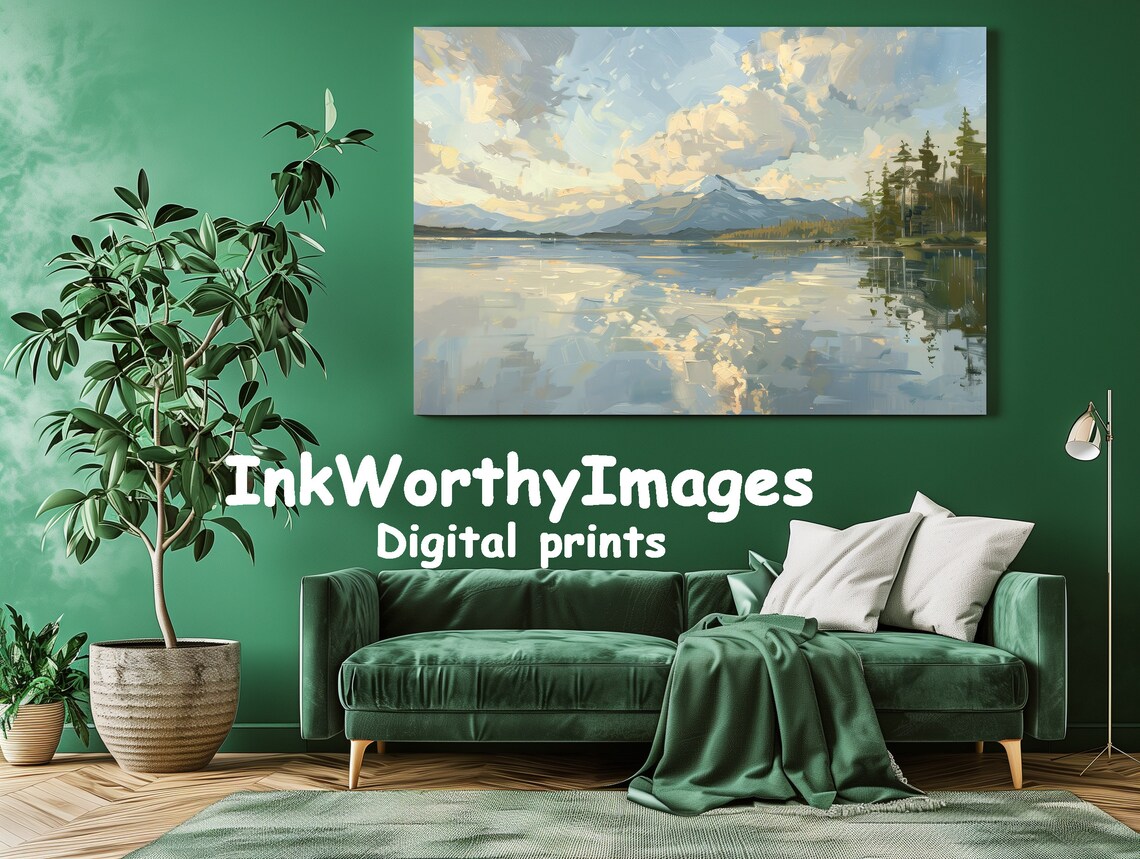 Mountain Lake Reflection, Tranquil Landscape Painting - Image 3