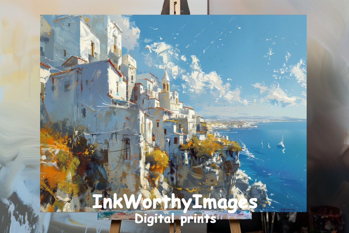 Mediterranean Cliffside Village Travel Decor, Scenic Art Print