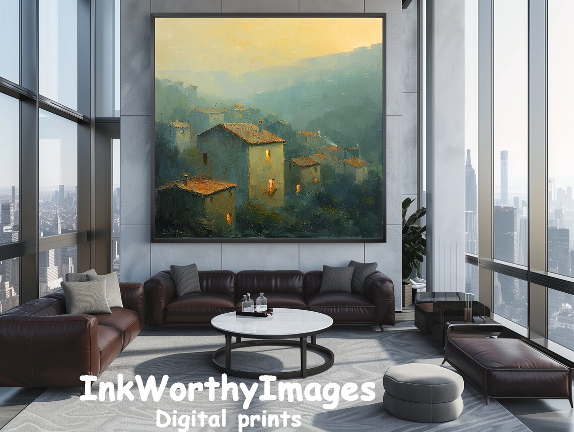 Misty Village Sunrise Art Print, Rustic Landscape - Image 4