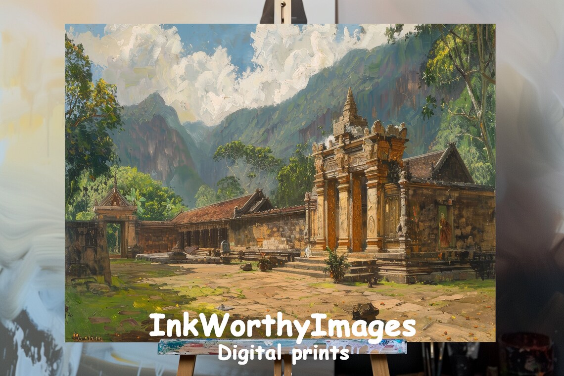 Ancient Temple Courtyard, Serene Mountain Landscape