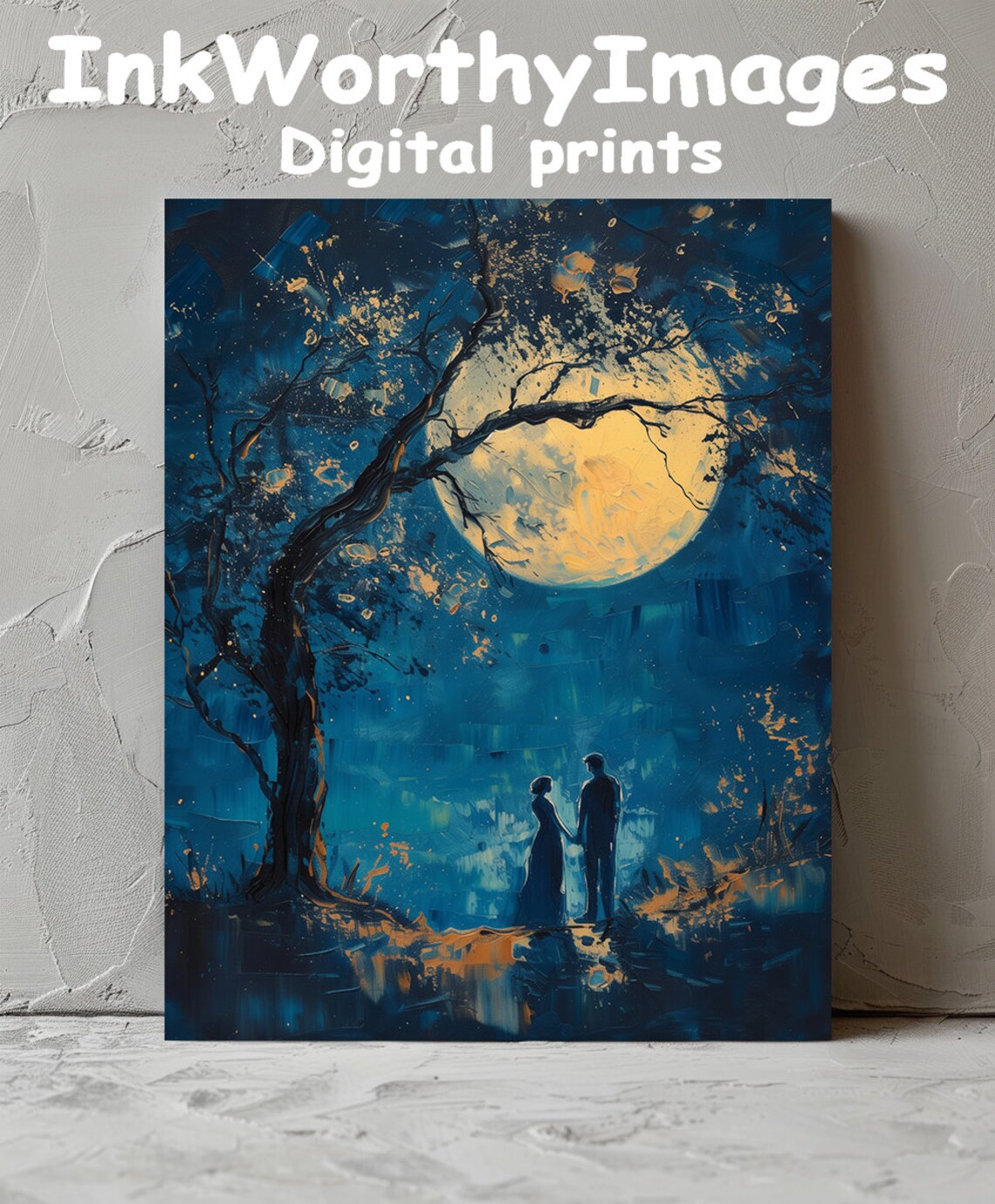Romantic Moonlit Couple Night Sky Scene Silhouette