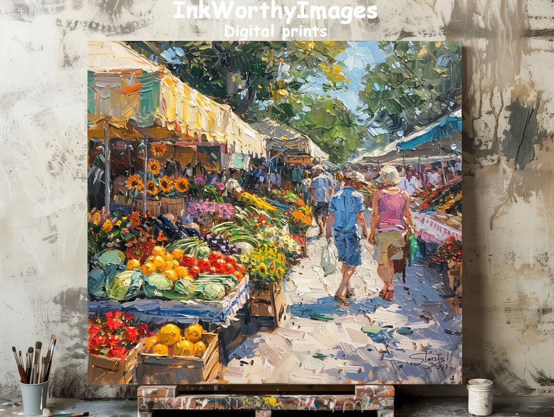 Bustling Market Street Art Print, Vibrant Cityscape