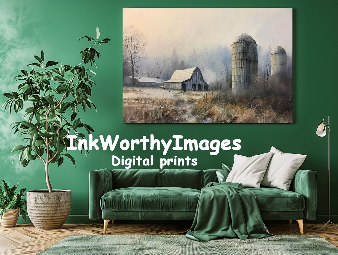 Winter Farm Scene, Rustic Barn And Silos In Fog - Image 2