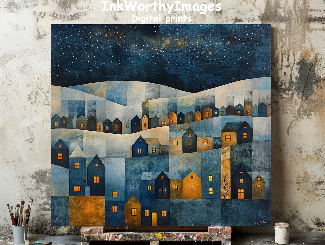 Starlit Village Night Art Print, Whimsical Townscape