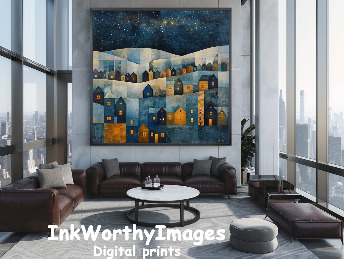 Starlit Village Night Art Print, Whimsical Townscape - Image 4