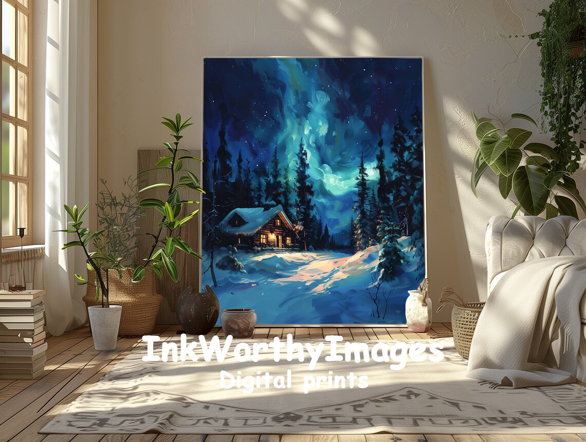 Winter Cabin Under Northern Lights, Cozy Snow Scene - Image 5