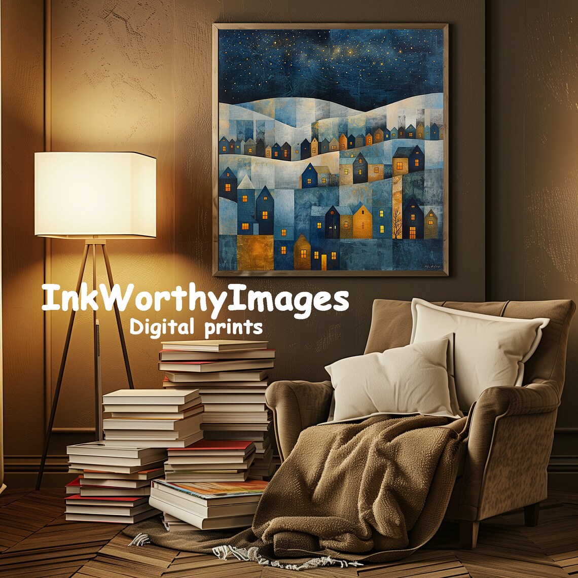 Starlit Village Night Art Print, Whimsical Townscape - Image 3