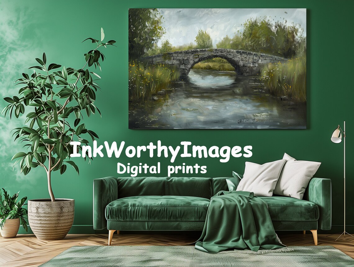 Rustic Stone Bridge Over Serene River, Watercolor Landscape - Image 2