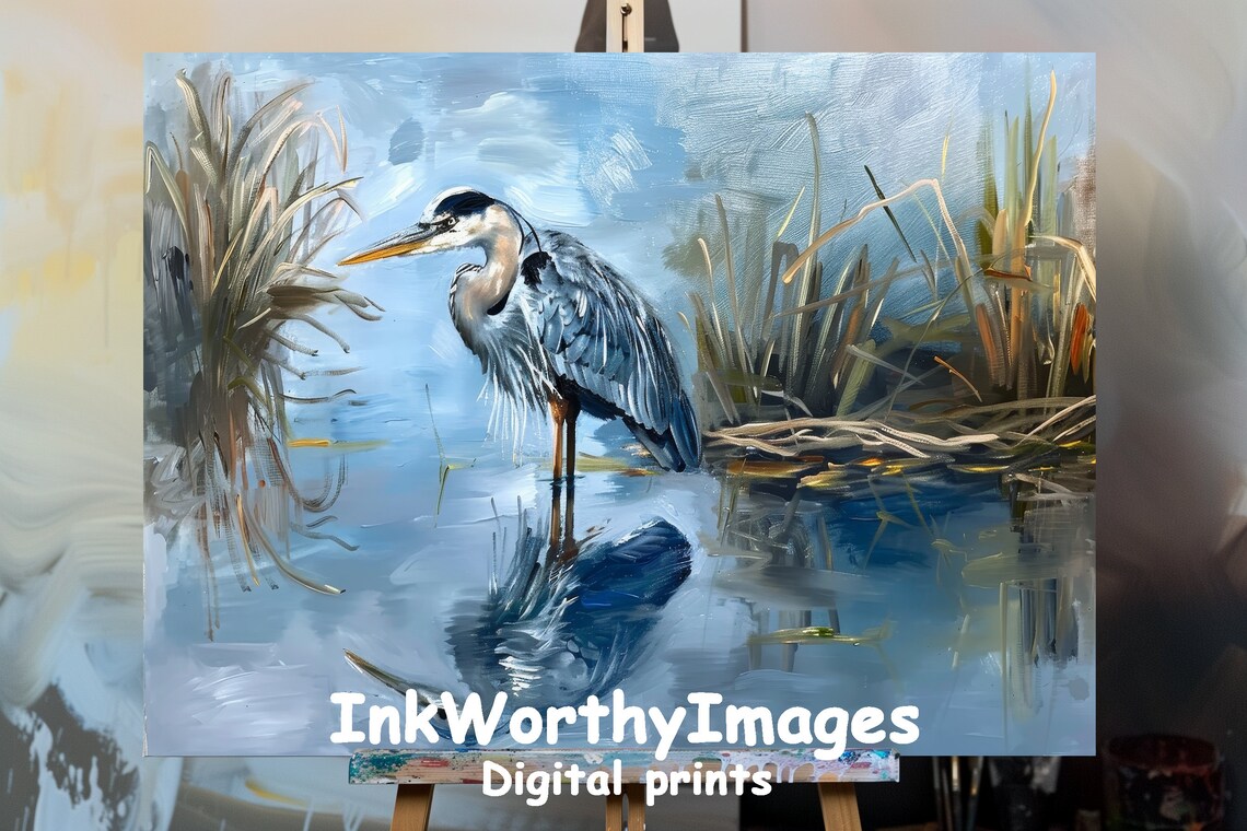 Blue Heron in Marsh, Serene Wetland Landscape