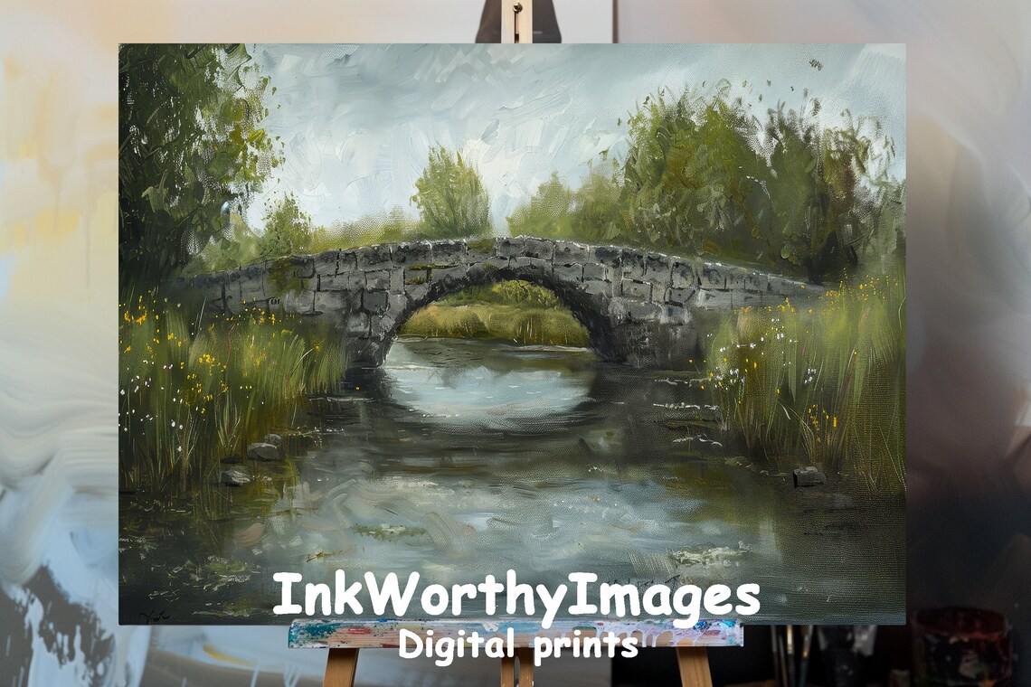 Rustic Stone Bridge Over Serene River, Watercolor Landscape