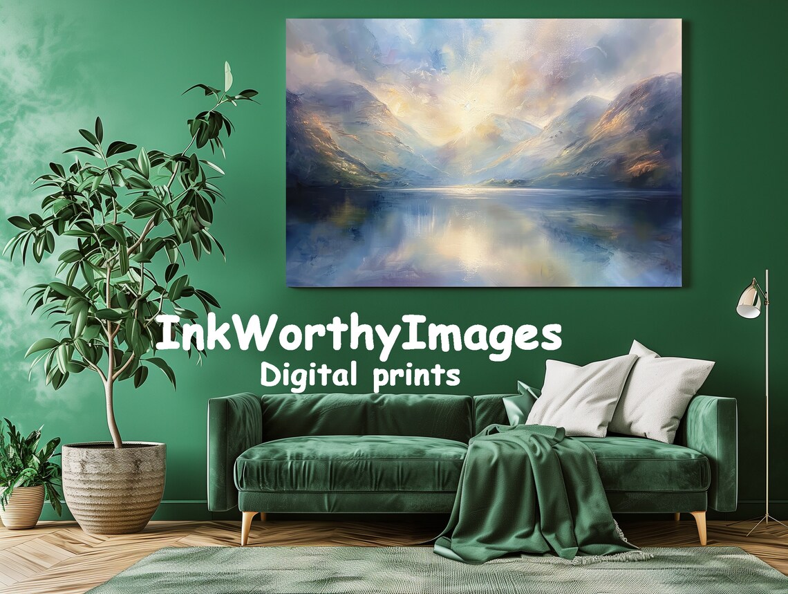 Tranquil Mountain Lake, Misty Morning Landscape Art - Image 3