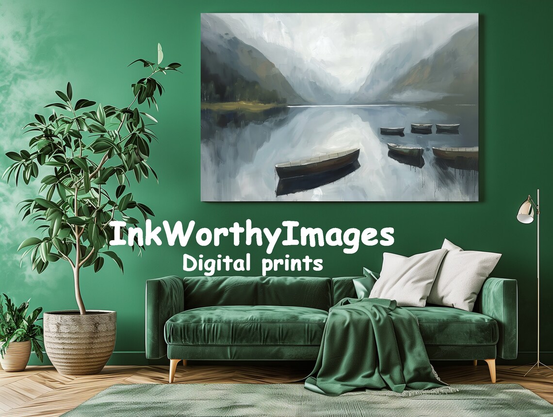Peaceful Mountain Lake Painting, Serene Landscape - Image 3