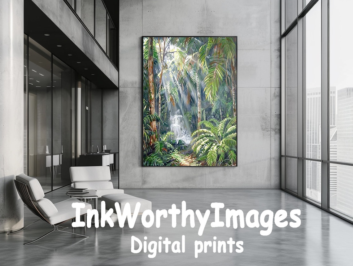 Sunlit Tropical Jungle Waterfall, Rainforest Art Print - Image 2