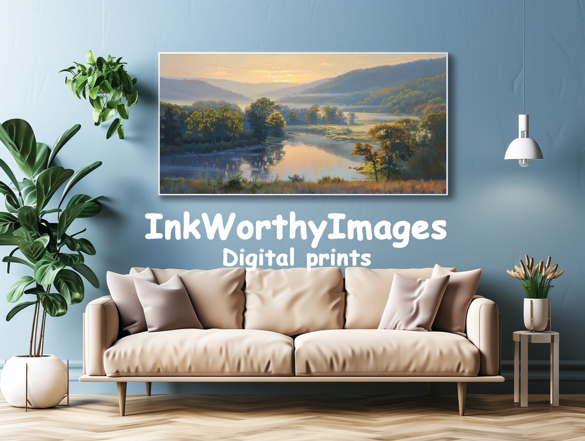 Sunset River Valley Painting, Scenic Landscape Art - Image 4