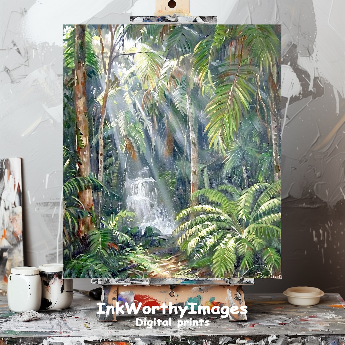 Sunlit Tropical Jungle Waterfall, Rainforest Art Print - Image 4