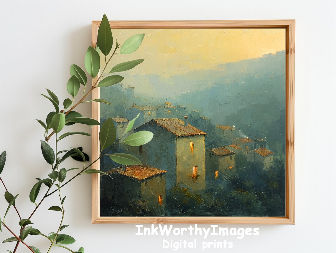 Misty Village Sunrise Art Print, Rustic Landscape - Image 2