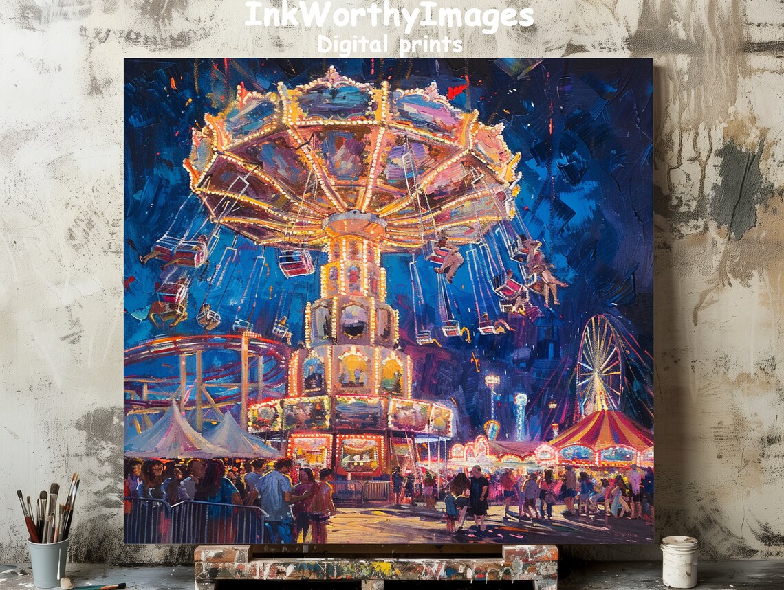 Carnival Night Lights Art Print, Festive Fairground Scene