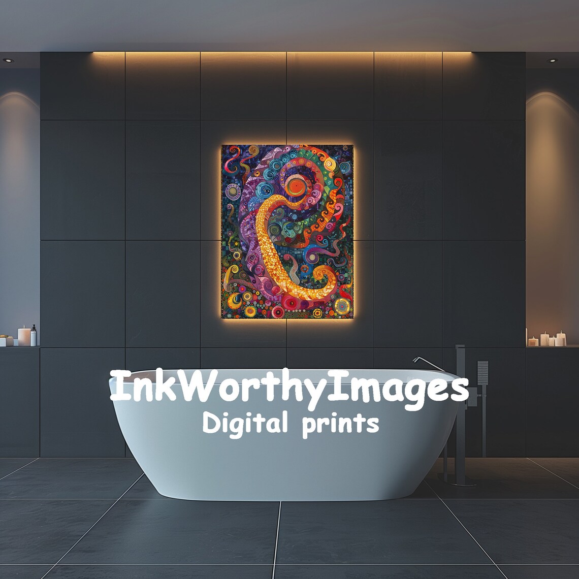 Abstract Mosaic Painting, Psychedelic Spiral Decor - Image 4