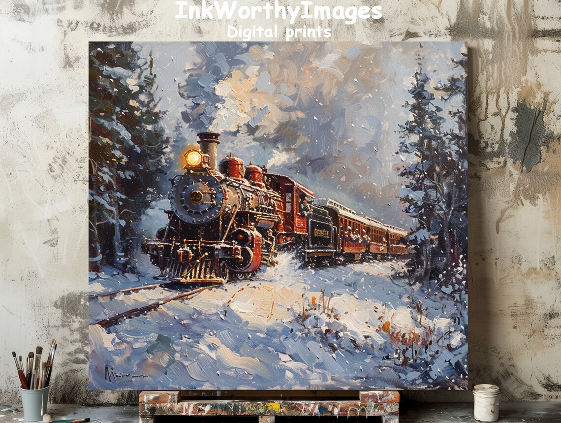 Winter Train Scene, Vintage Steam Locomotive Decor