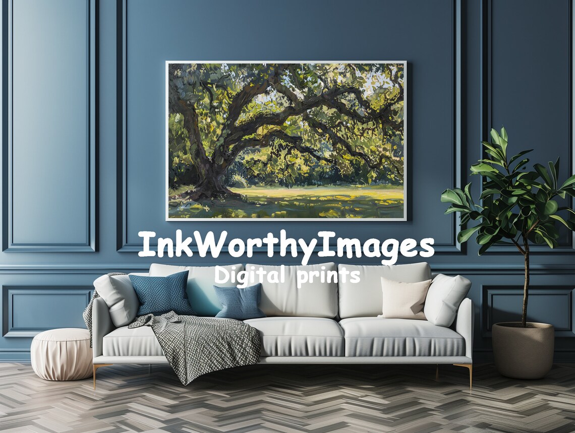 Majestic Oak Tree, Sunlit Forest Scene Art Print - Image 3