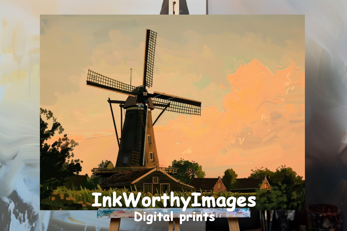 Dutch Windmill At Sunset, Serene Landscape Art Print