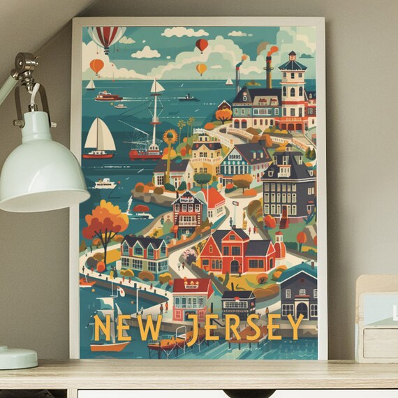 New Jersey Seaside Harbor Town Vintage Coastal Travel Poster