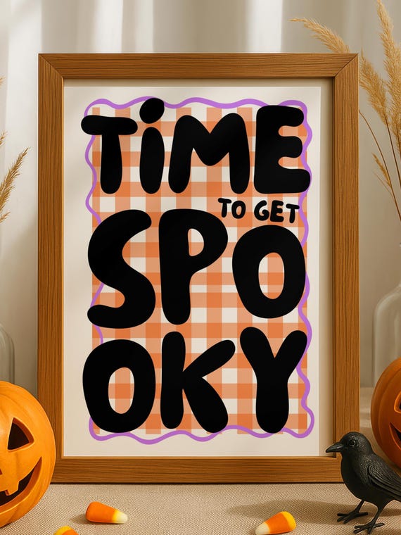 Halloween Gingham Doodle Art Print Spooky Season Decor